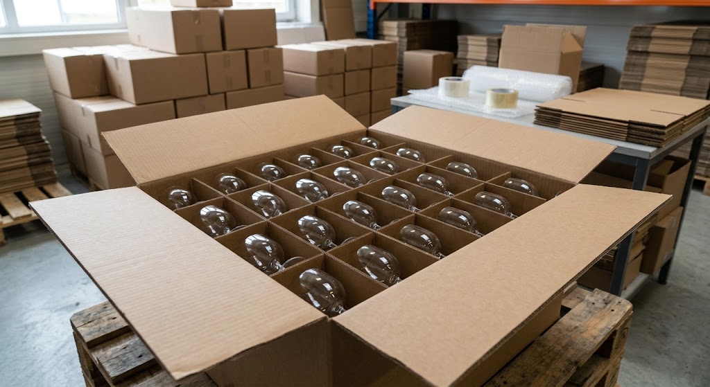 Glass goblets separated by cardboard dividers in a shipping carton